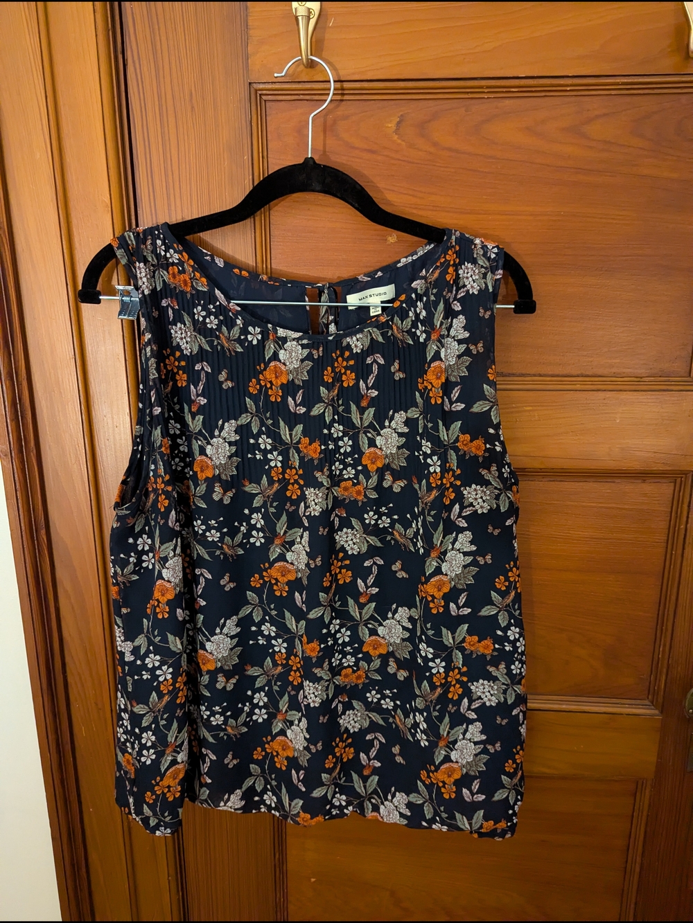 Max Studio Navy Floral Sleeveless Top with Rust & Cream Blooms